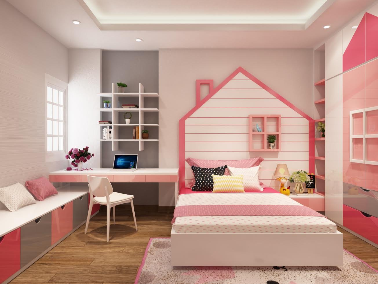 Mẫu phòng ngủ gam hồng cho bé gái